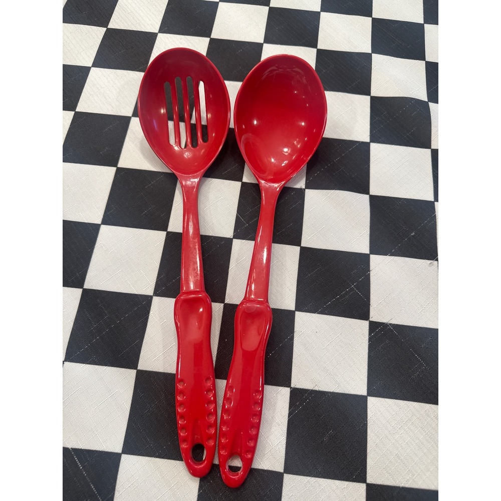 Red Melamine Kitchen Utensil Set Solid and Slotted Serving Spoons 2 Piece